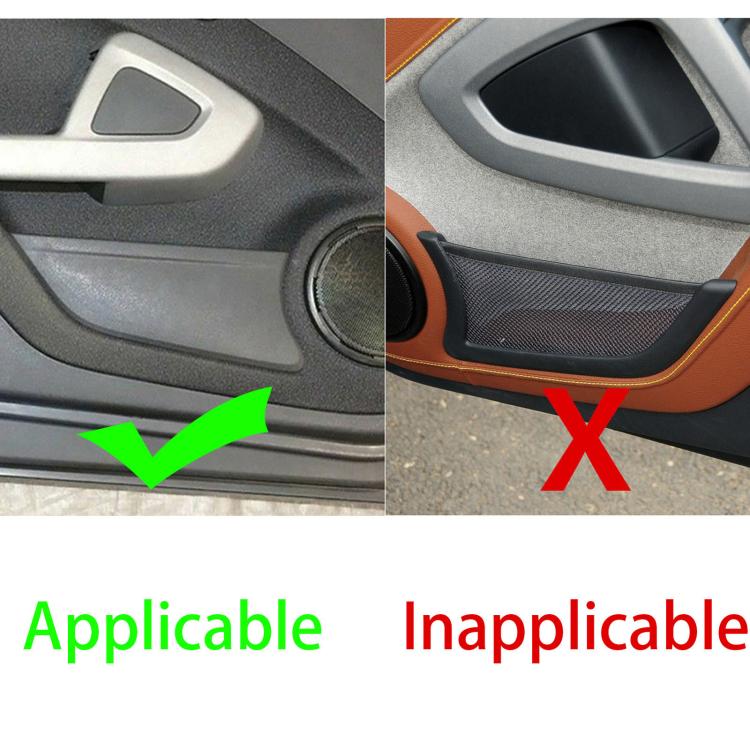Door storage box sticker set, split view of correct and incorrect trim alignment