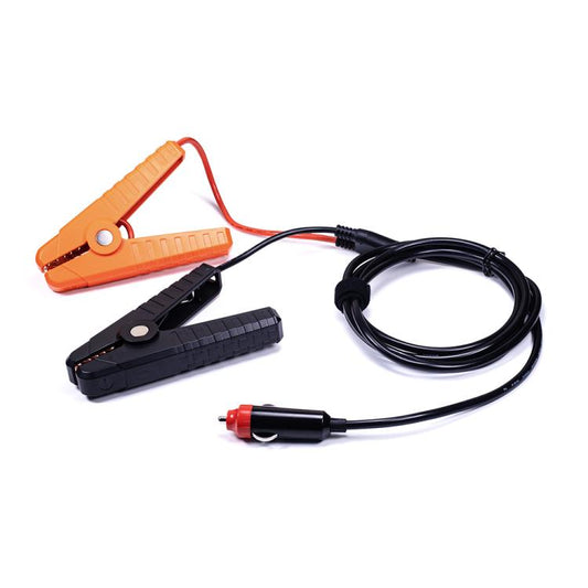 Orange-and-black battery jumper clamp with cable and red terminal plug