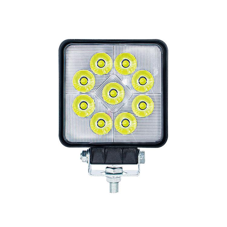 Square LED work headlight with nine yellow LED chips and black mounting bracket