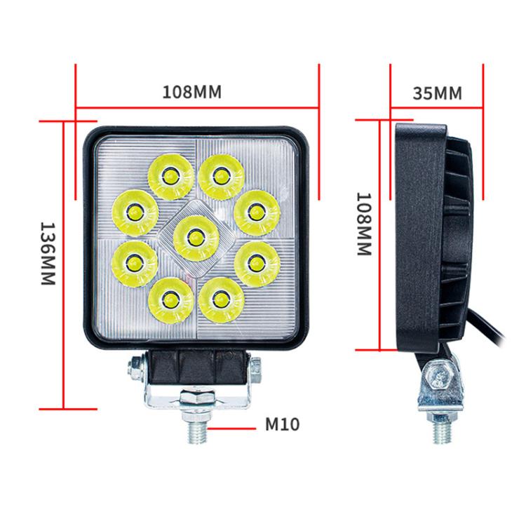 Square LED work headlight side view with mounting screw bracket and nine LEDs