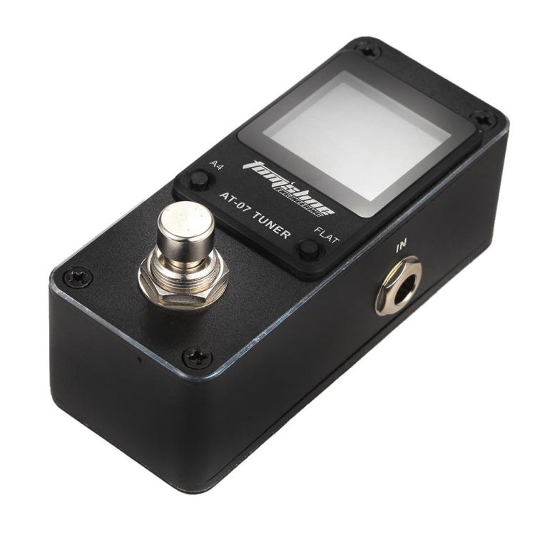 Black mini foot guitar tuner pedal with bright LCD screen and metal knob
