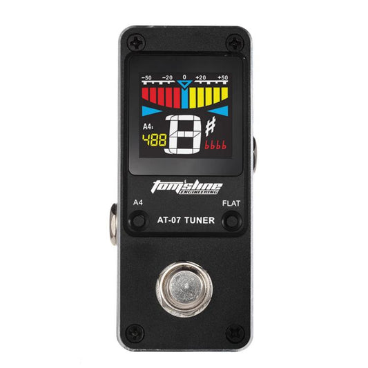 Black mini guitar tuner pedal with LCD display, tuning markings, and foot switch