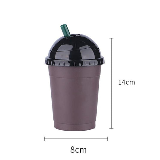 Mug-shaped car ashtray with purple body and glossy black dome lid, green top vent