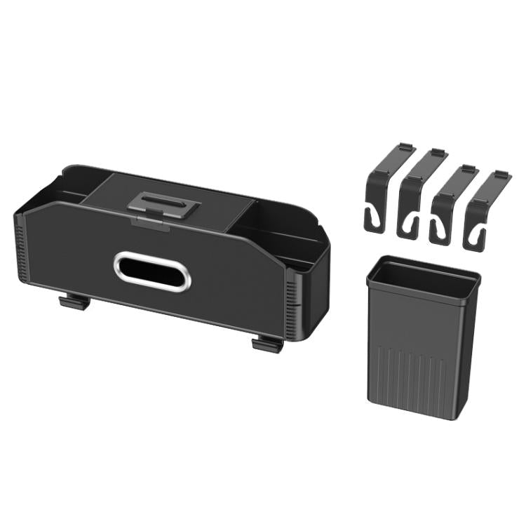 Car seat back storage box with carbon fiber texture, black finish, included mounting clips and cup