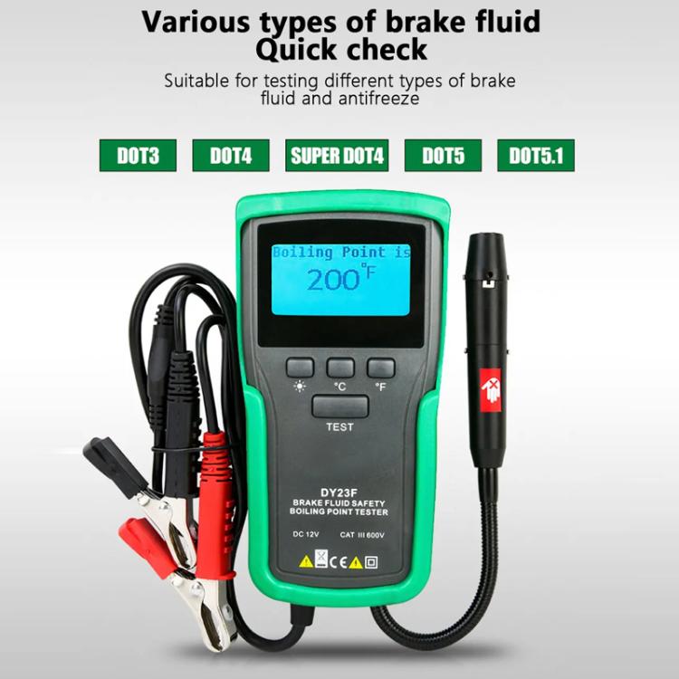 Brake fluid boiling point tester kit with green meter, cables, and alligator clip leads