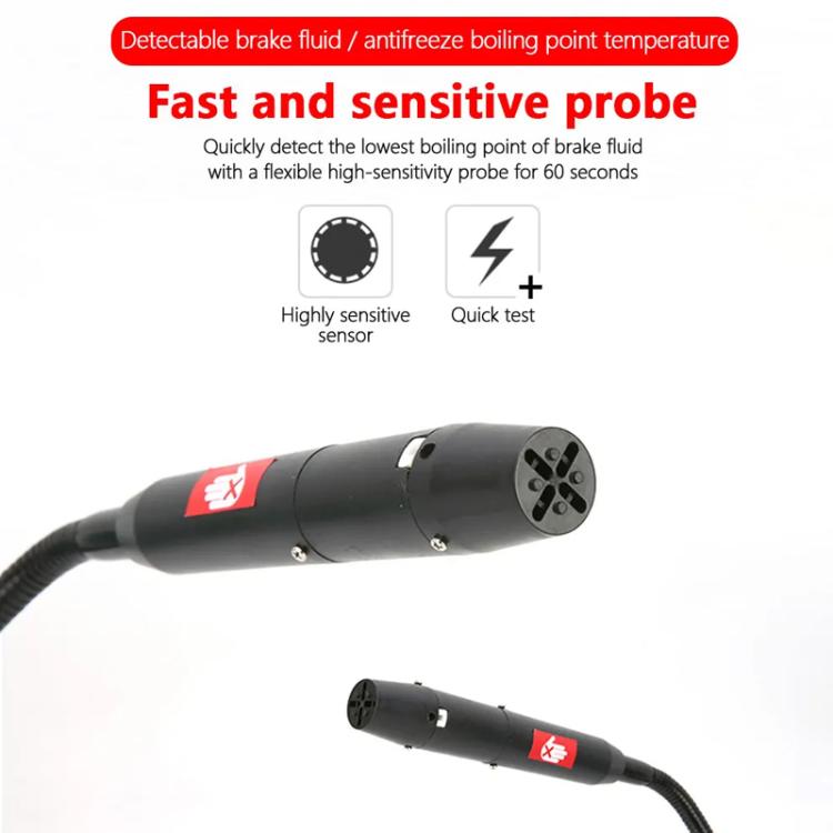 Black probe tool for boiling point testing with red label and attached cable