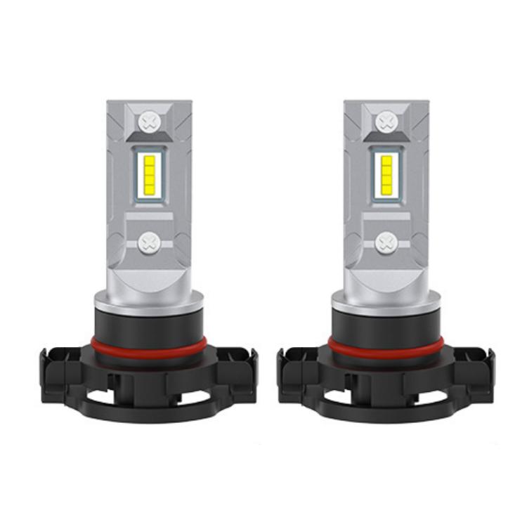 Pair of LED headlight bulbs with yellow chips, silver body, and black mounting bracket base
