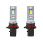 Pair of LED headlight bulbs with yellow chips, silver housings, and black plug bases