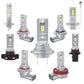 Set of direct-plug LED headlight bulbs showing multiple views: silver body and yellow chips