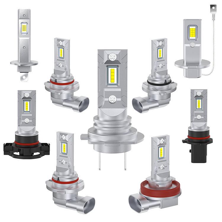 Set of direct-plug LED headlight bulbs showing multiple views: silver body and yellow chips