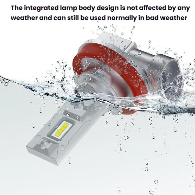 Weatherproof car LED headlight bulb with red and gray housing, shown with water spray
