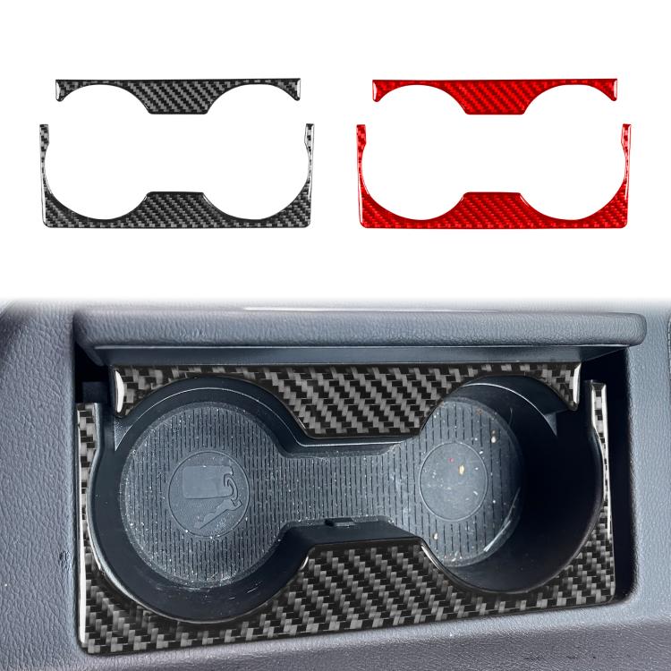 Two-piece gear shift cup holder trim, carbon-fiber black and red, with circular cutouts
