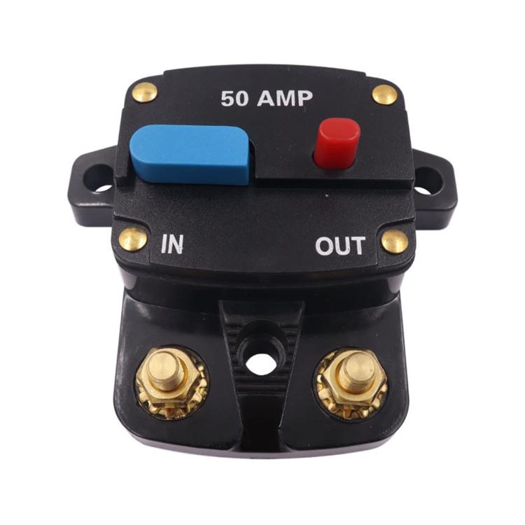 50A car audio circuit breaker switch with blue reset button, red cap, IN/OUT terminals