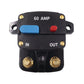 60A car audio circuit breaker switch with blue reset button, red cap, IN/OUT terminals