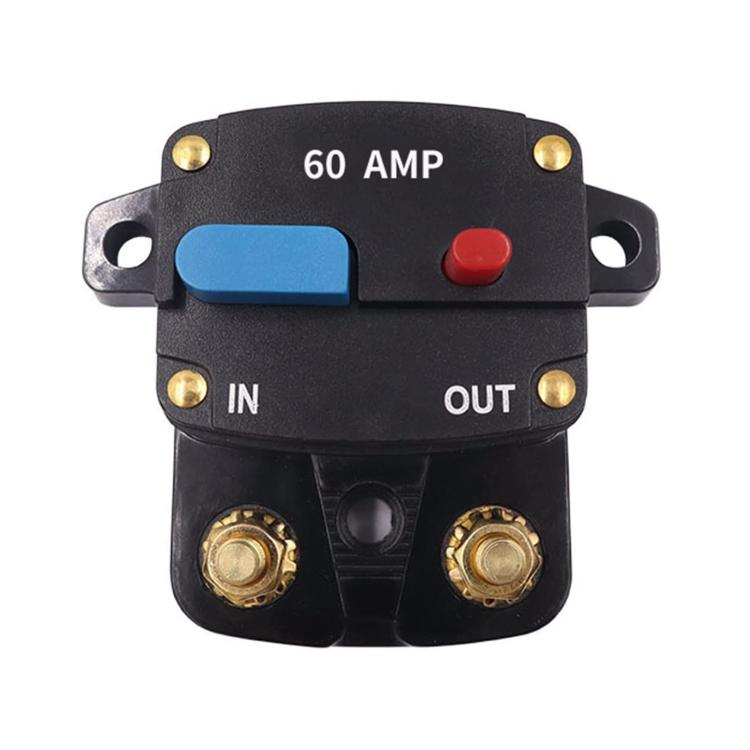 60A car audio circuit breaker switch with blue reset button, red cap, IN/OUT terminals