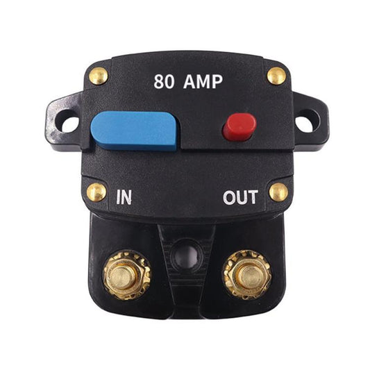 80A car audio circuit breaker switch with blue reset button, red cap, IN/OUT terminals