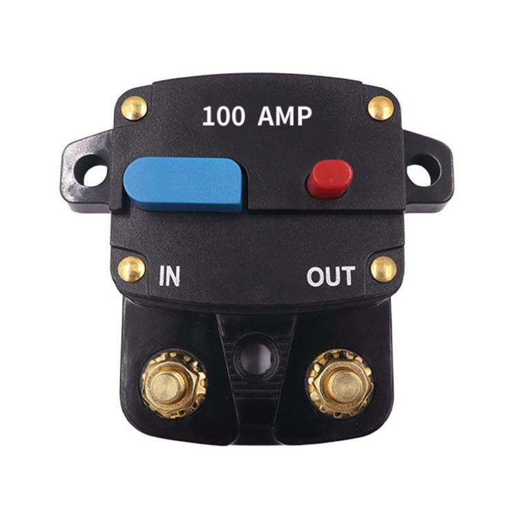 100A car audio circuit breaker switch with blue reset button, red cap, IN/OUT terminals