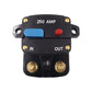 250A car audio circuit breaker switch with blue reset button, red cap, IN/OUT terminals