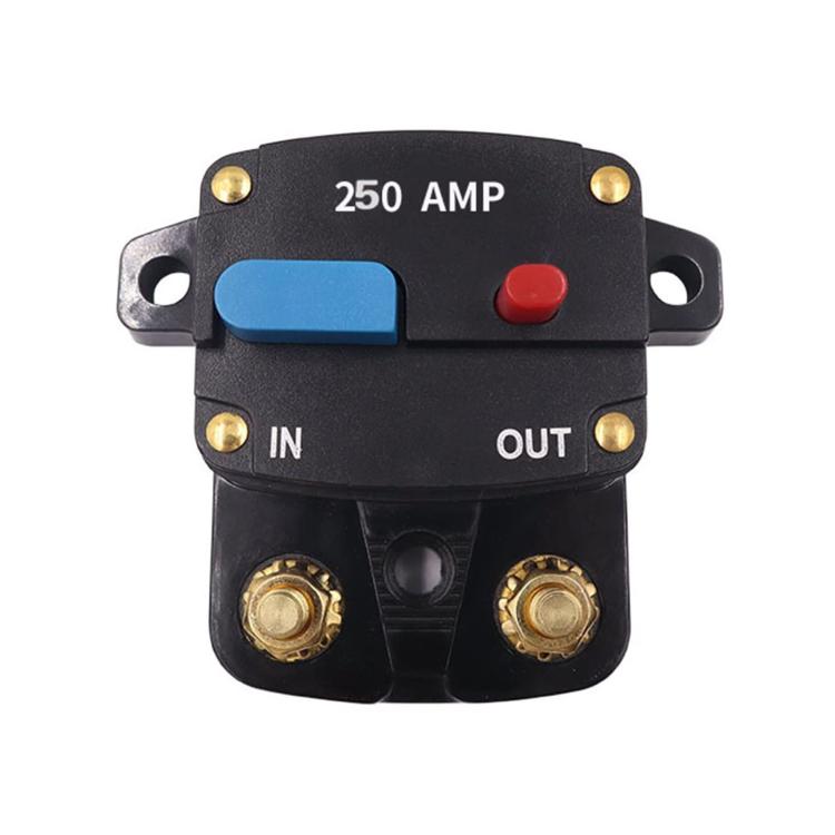 250A car audio circuit breaker switch with blue reset button, red cap, IN/OUT terminals