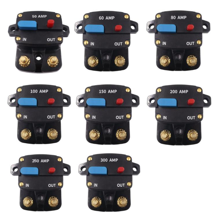Car audio circuit breaker switches set: 50A–300A, black housings with IN/OUT terminals