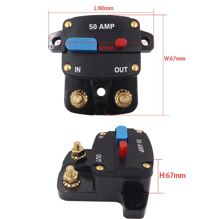 50A circuit breaker switch with blue reset and red cap; shows 67mm and 80mm dimensions