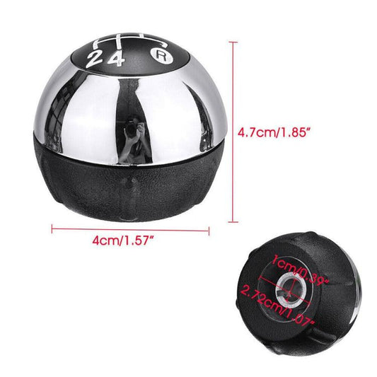 Round gear shift knob with black top, chrome sides, and visible R gear label