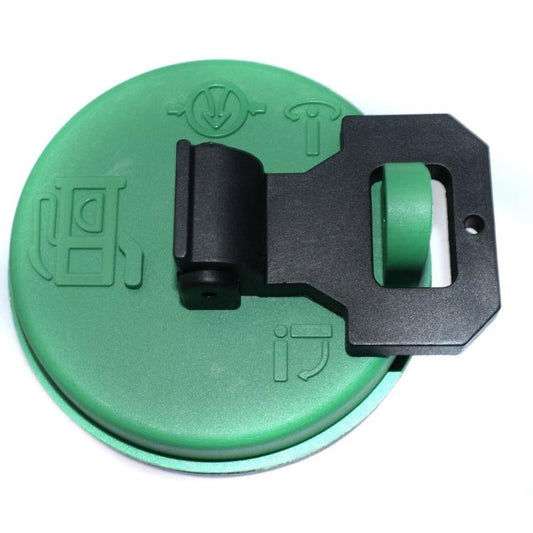CAT fuel cap with green round cover and black latch