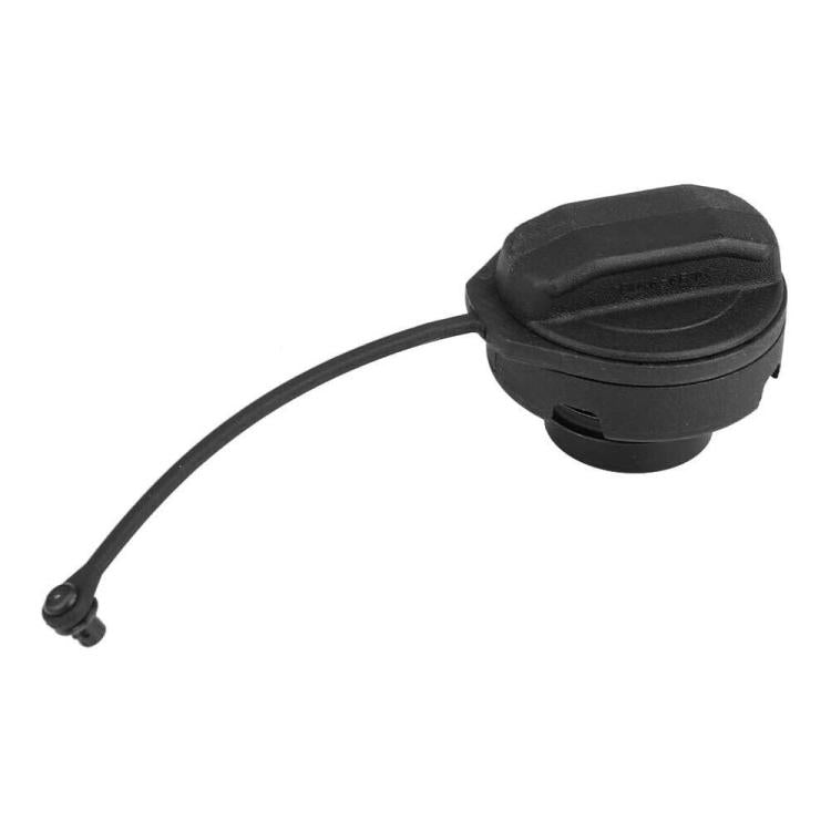 Black fuel tank cap with attached tether strap and small release tab