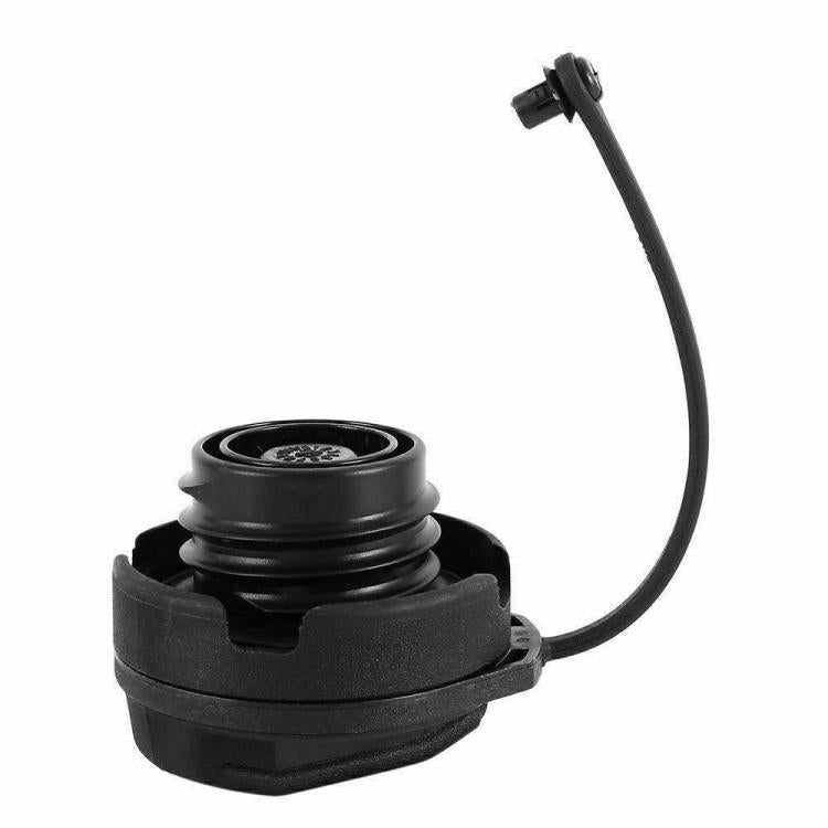 Fuel tank cap with seal ring and attached tether cord, black plastic housing