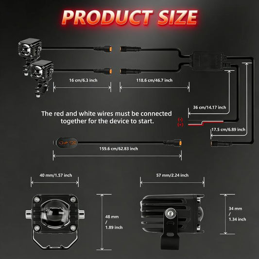 40W Motorcycle Wired Switch Integrated Waterproof Demon Eye Spotlight, Red Light