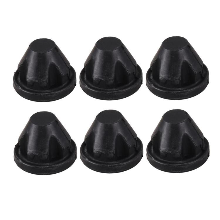 Set of six black rubber hood grommets with cone shape and central hole.