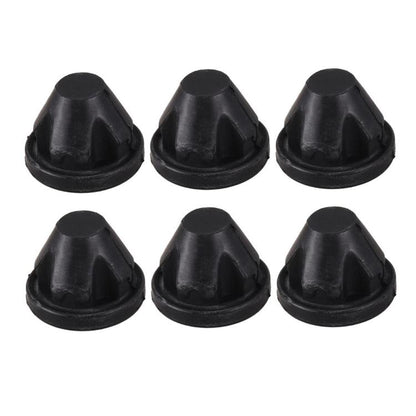 Set of six black rubber hood grommets with cone shape and central hole.