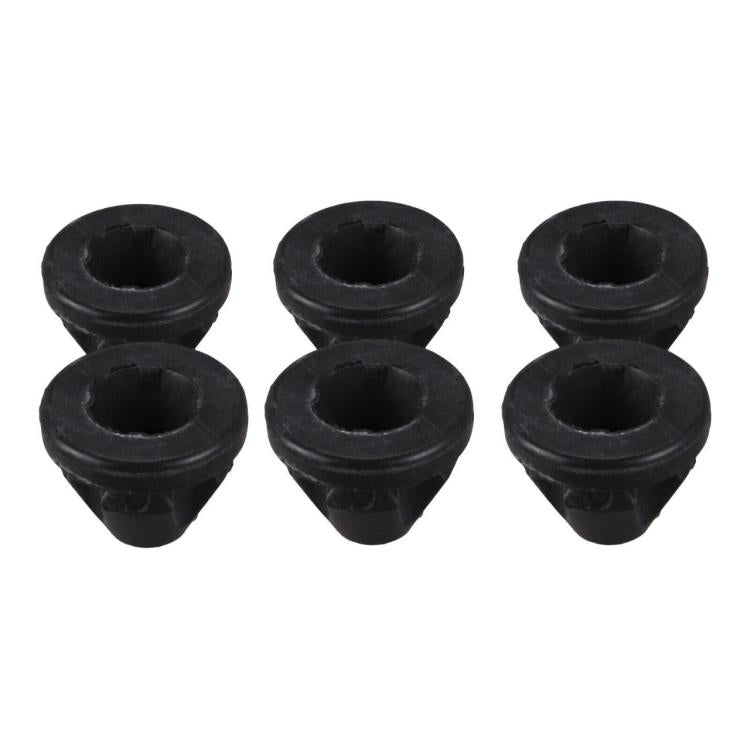 Six black cone-shaped rubber hood grommets with circular openings on top.