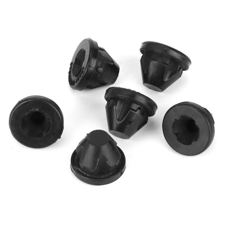 Six black rubber hood grommets in a mixed-angle set with textured cone tops.