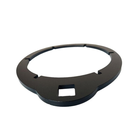 Fuel filter wrench ring tool, dark circular body with side notches