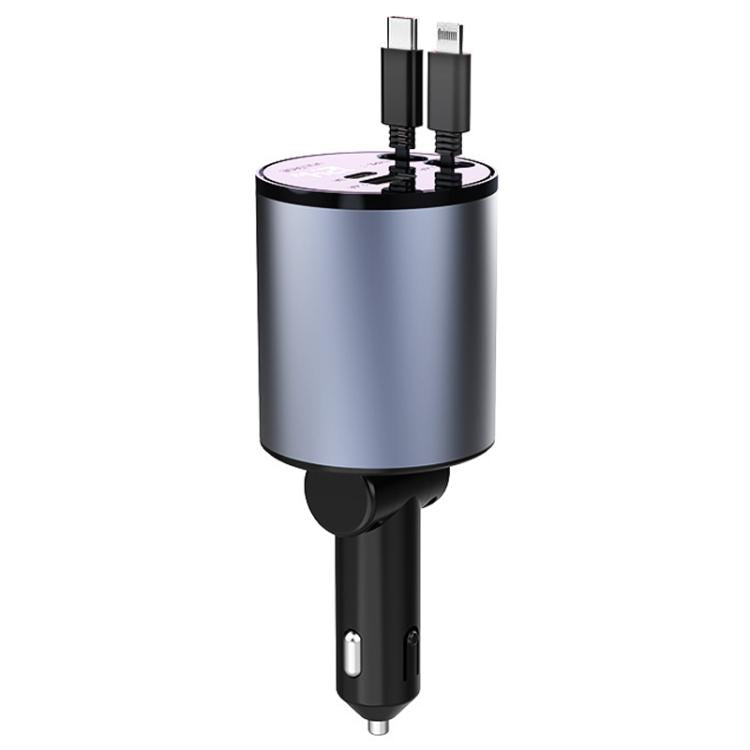 Retractable car cigarette lighter charger with dual USB ports and metal housing