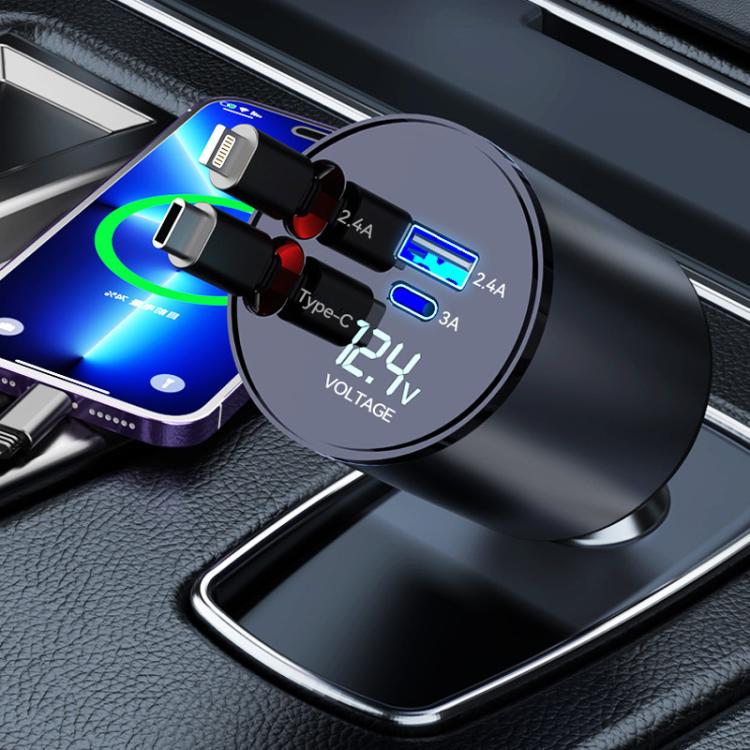 Car voltage display retractable charger with USB and USB-C ports on metal plug