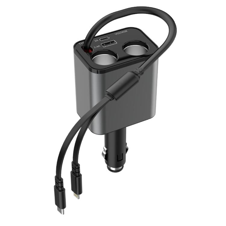 Retractable dual USB car fast charger with cigarette lighter plug, black and gray body.