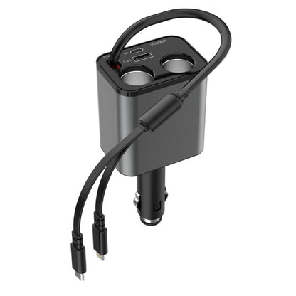Retractable dual USB car fast charger with cigarette lighter plug, black and gray body.