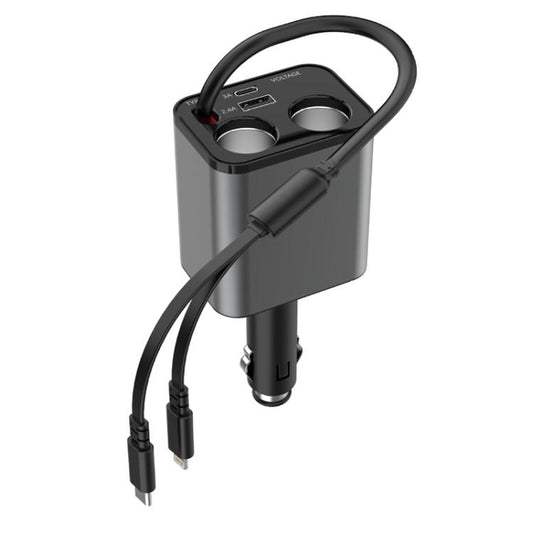 Retractable dual USB car fast charger with cigarette lighter plug, black and gray body.