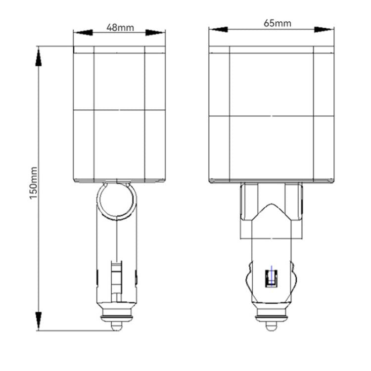 Car cigarette lighter charger size diagram with dual USB port layout and plug base.