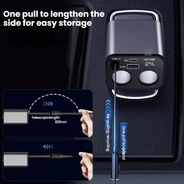 Retractable car USB fast charger with two ports, cigarette lighter plug