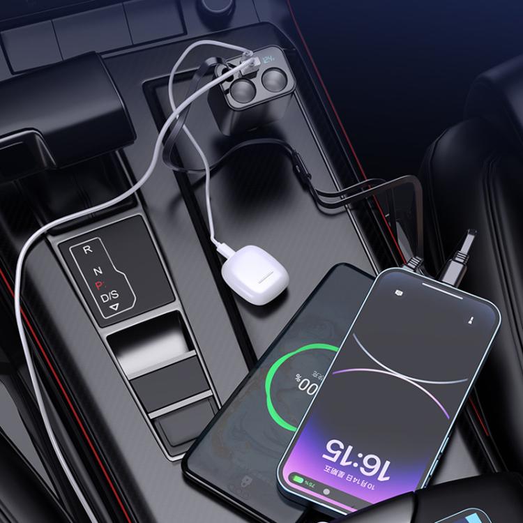 Retractable car USB fast charger with cable and two USB ports in car