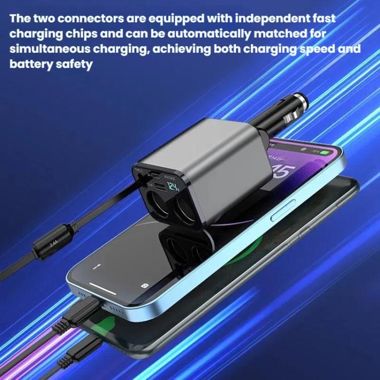 Retractable dual USB car charger with two output ports and compact metal body.