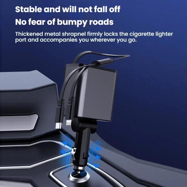 Dual USB car charger with metal plug housing and retractable cable ends, black finish.
