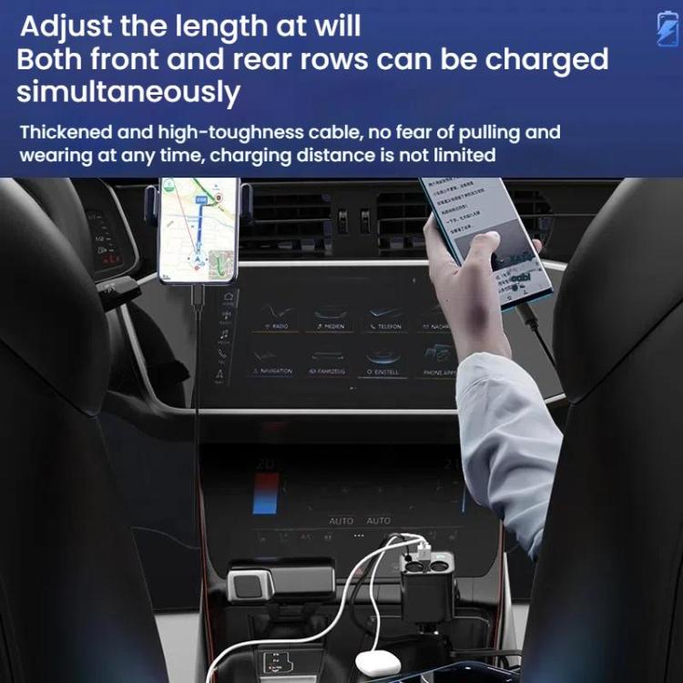 Retractable dual USB car charger with extended charging cables for in-car use.