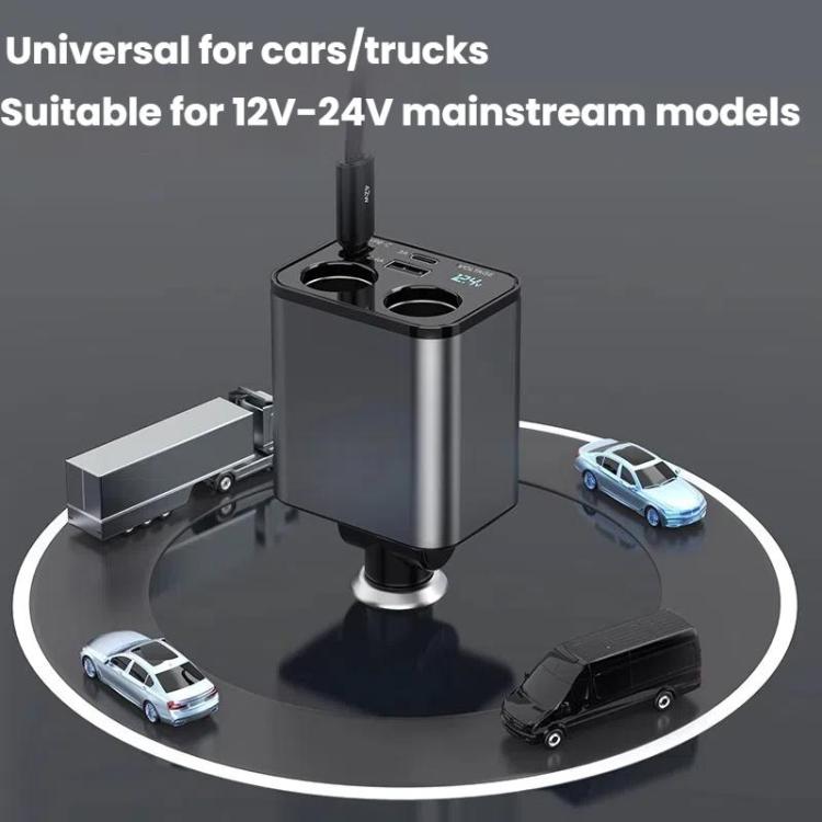 Retractable dual USB car charger with cigarette lighter plug, compact metal housing.
