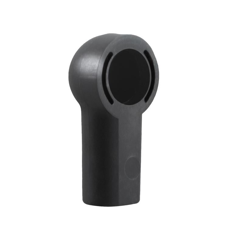 Black convertible push rod bracket cap with circular opening and side slot