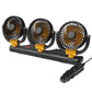 Black triple-head car fan with yellow bases and cigarette-lighter power plug