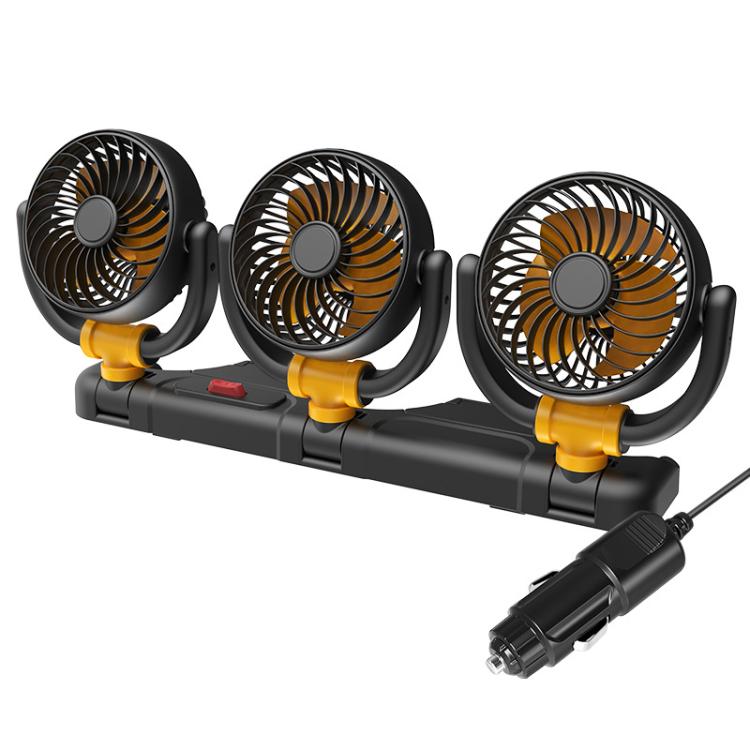 Black triple-head car fan with yellow bases and cigarette-lighter power plug